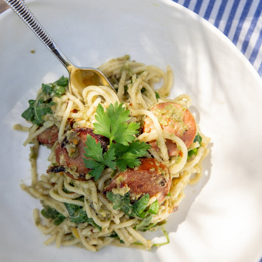 Pasta with Green Olive Tapenade & Chicken Sausage