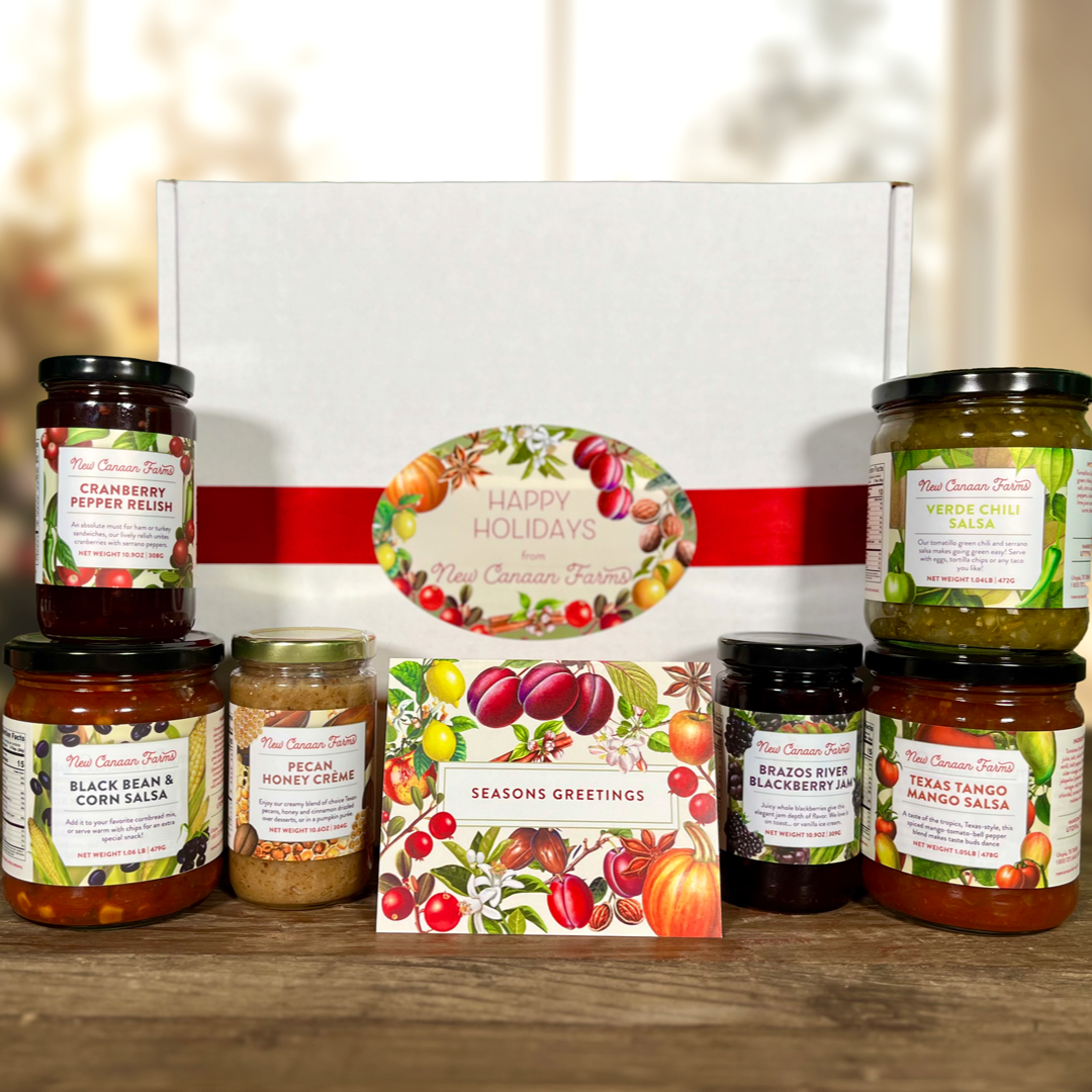 Holiday assortment with relish, creme, salsa, and jam.