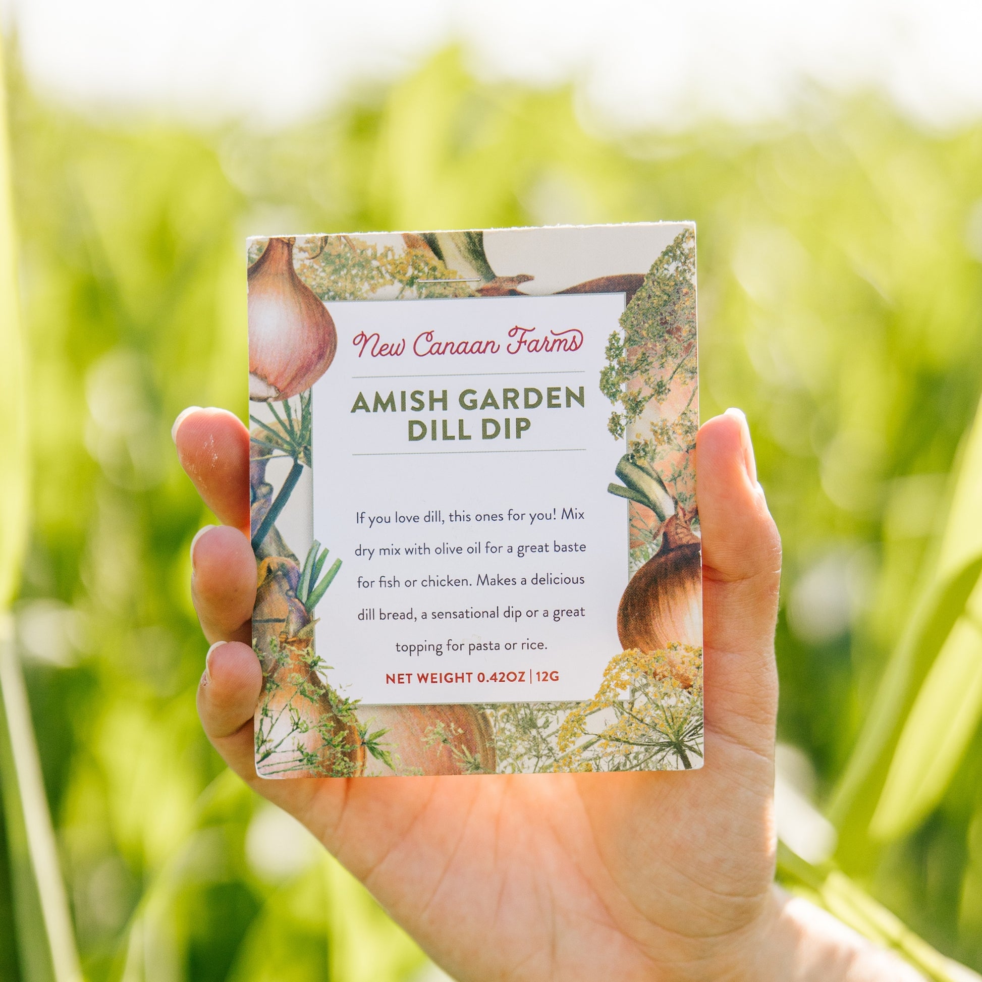 Hand holding a box of New Canaan Farms Amish Garden Dill Dip against a blurred green outdoor background