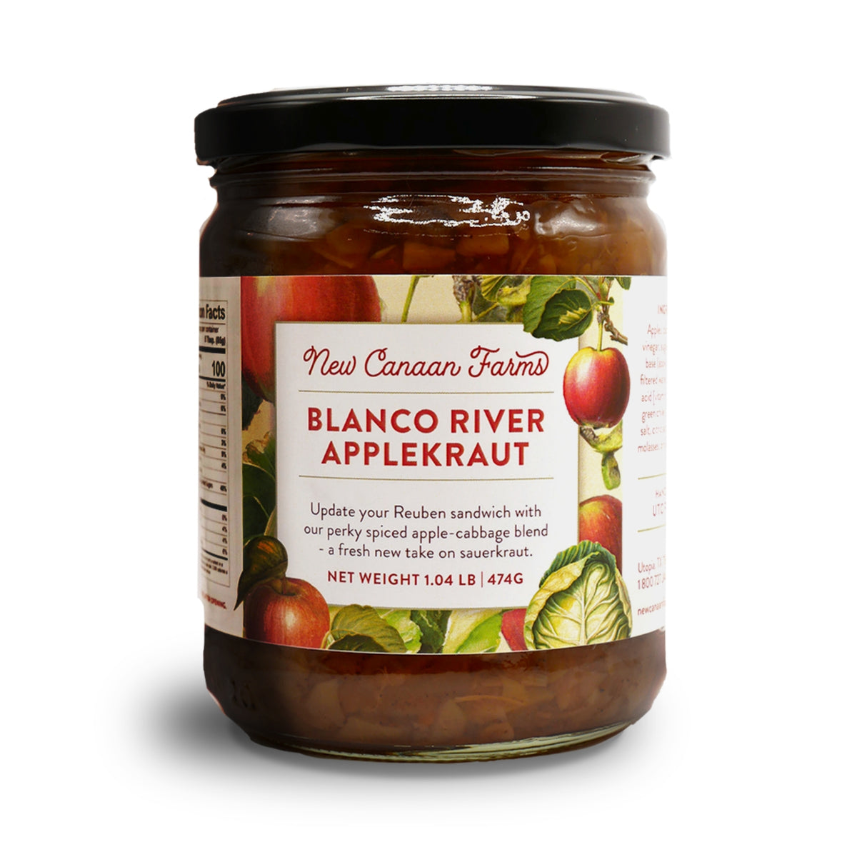 A jar of New Canaan Farms Blanco River Applekraut with its label showing