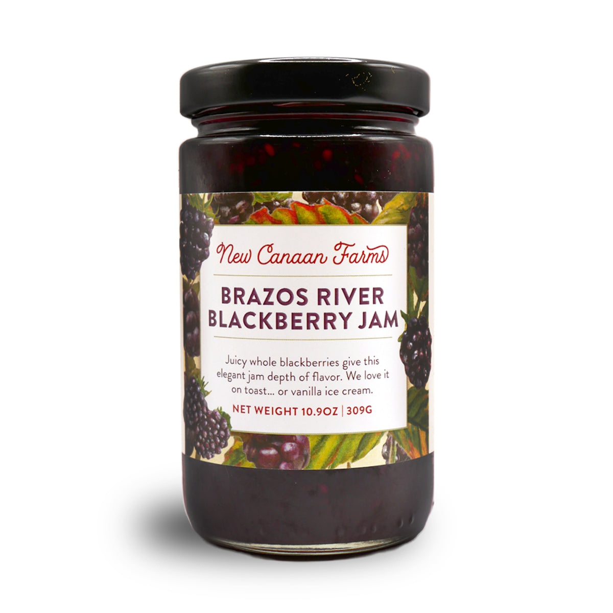 A jar of New Canaan Farms Brazos River Blackberry Jam on a white background