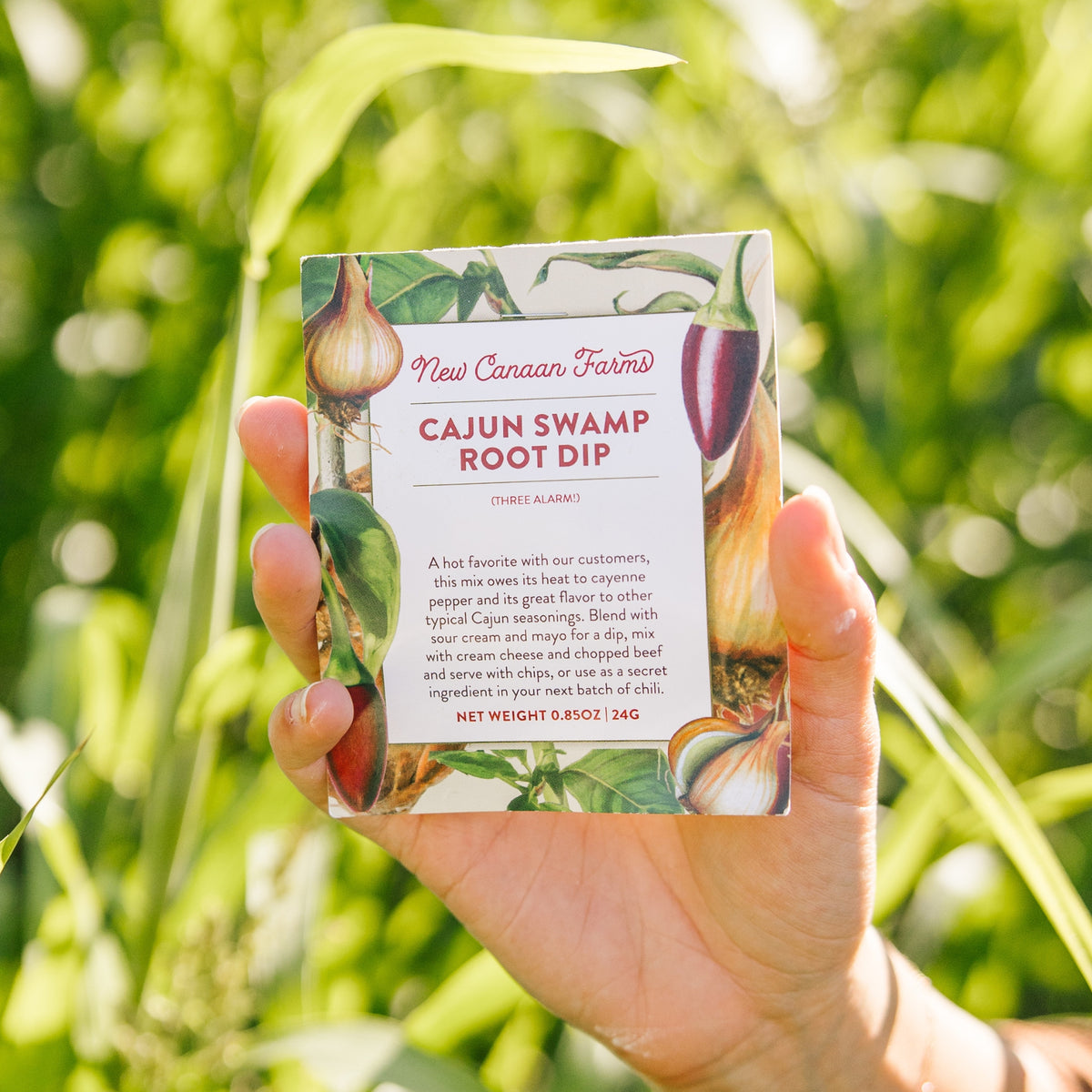 A hand holding a Cajun Swamp Root Dip packet in front of green leaves