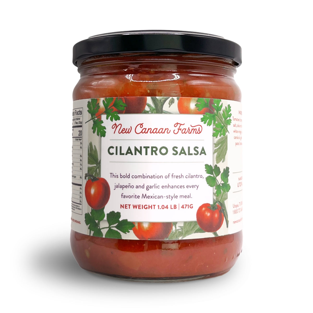 A jar of New Canaan Farms Cilantro Salsa with its label showing