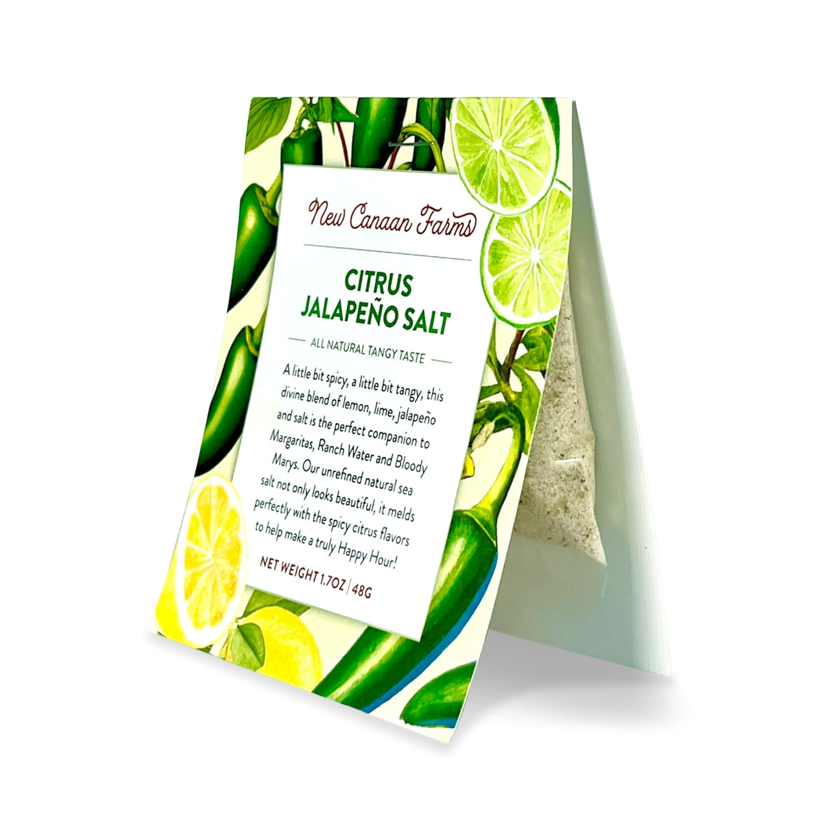 A packet of New Canaan Farms Citrus Jalapeno Salt standing upright with jalapenos, lemon and lime on the label