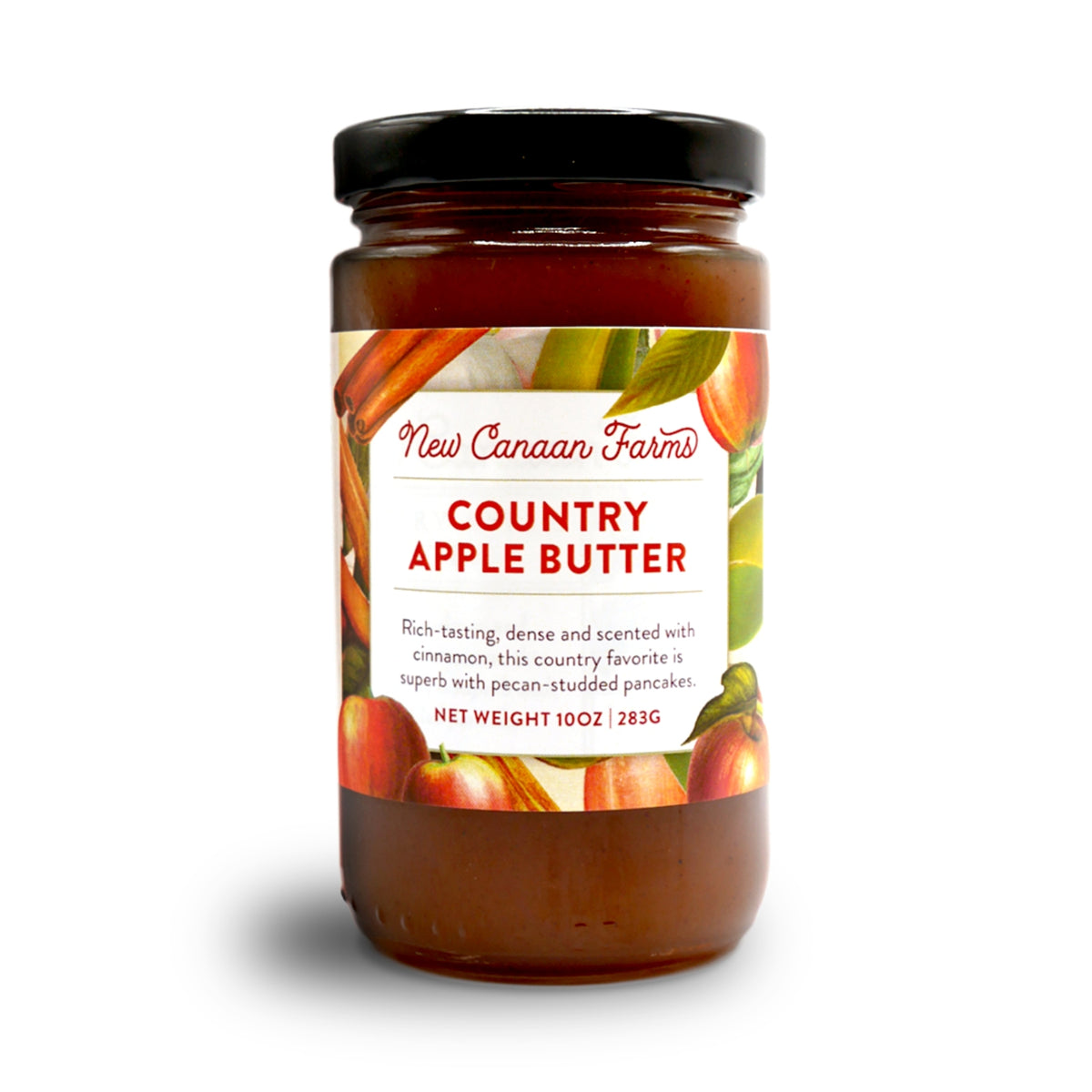 A jar of New Canaan Farms Country Apple Butter on a white background