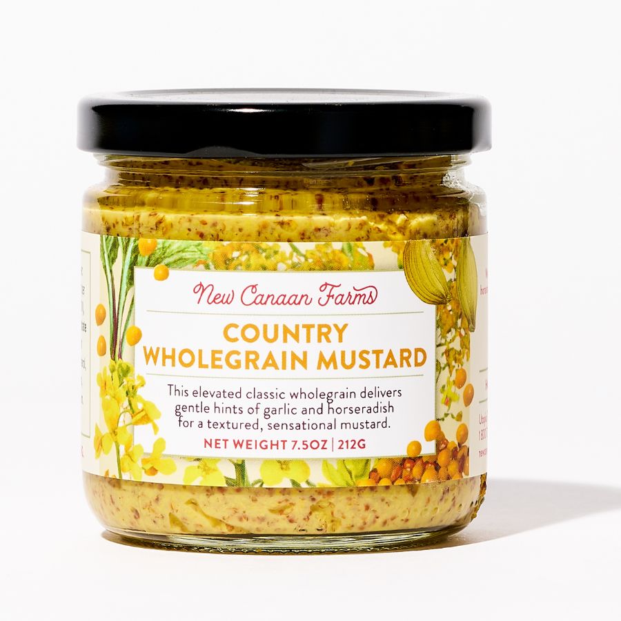 Jar of New Canaan Farms Country Wholegrain Mustard on a white background