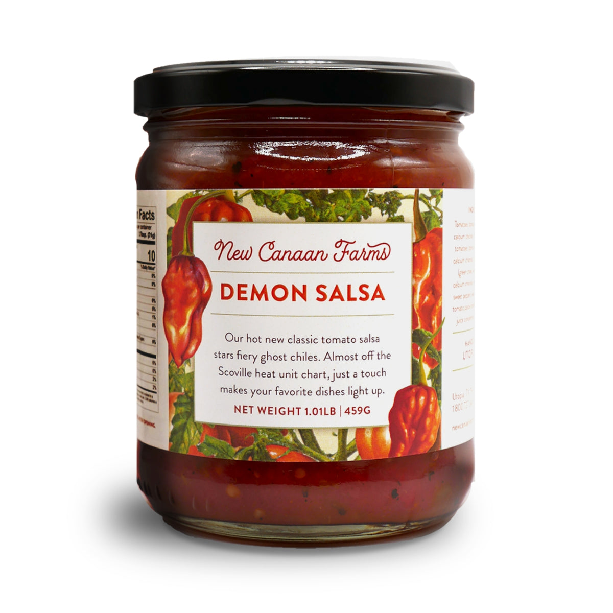 A jar of New Canaan Farms Demon Salsa with its label showing