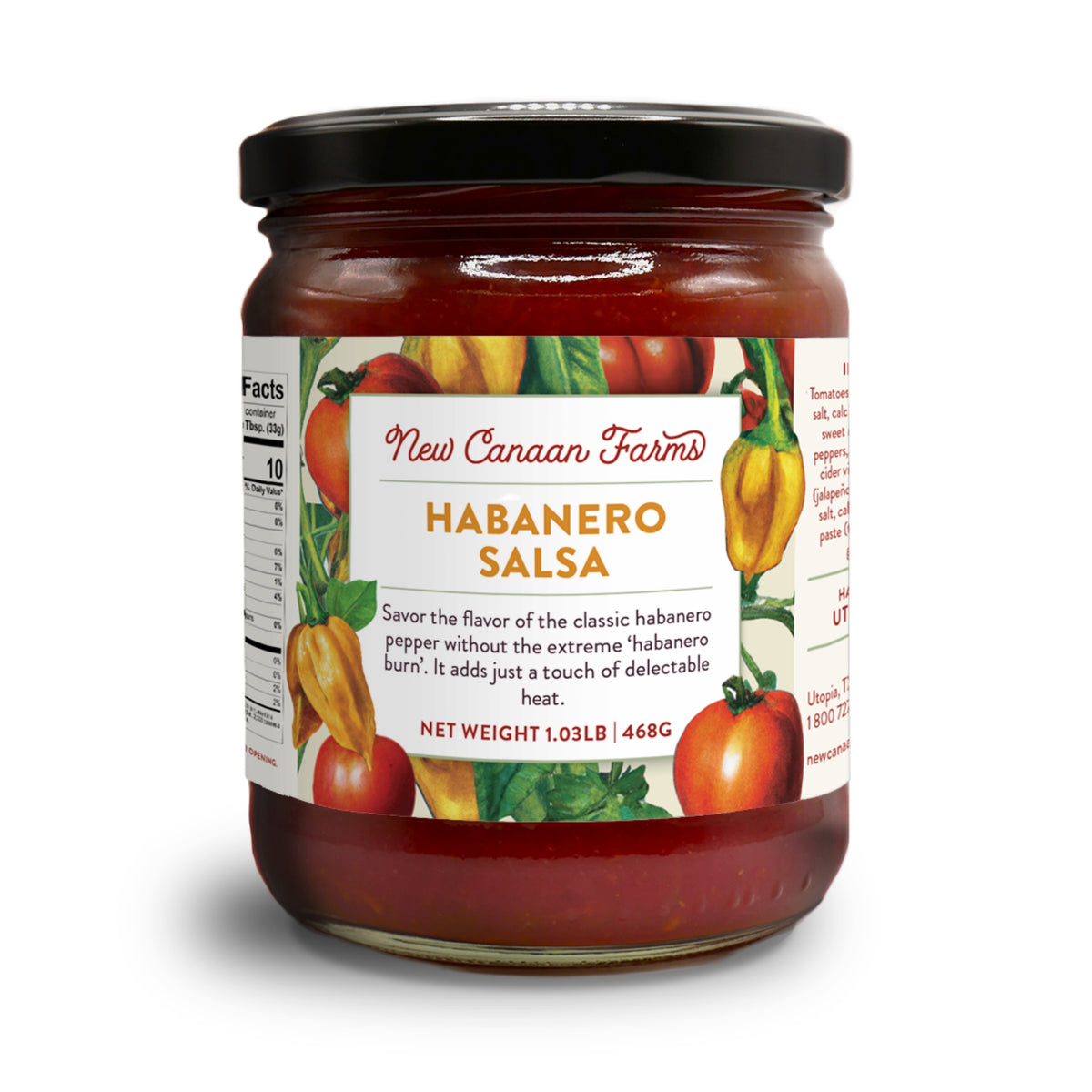 A jar of New Canaan Farms Habanero Salsa with its label showing