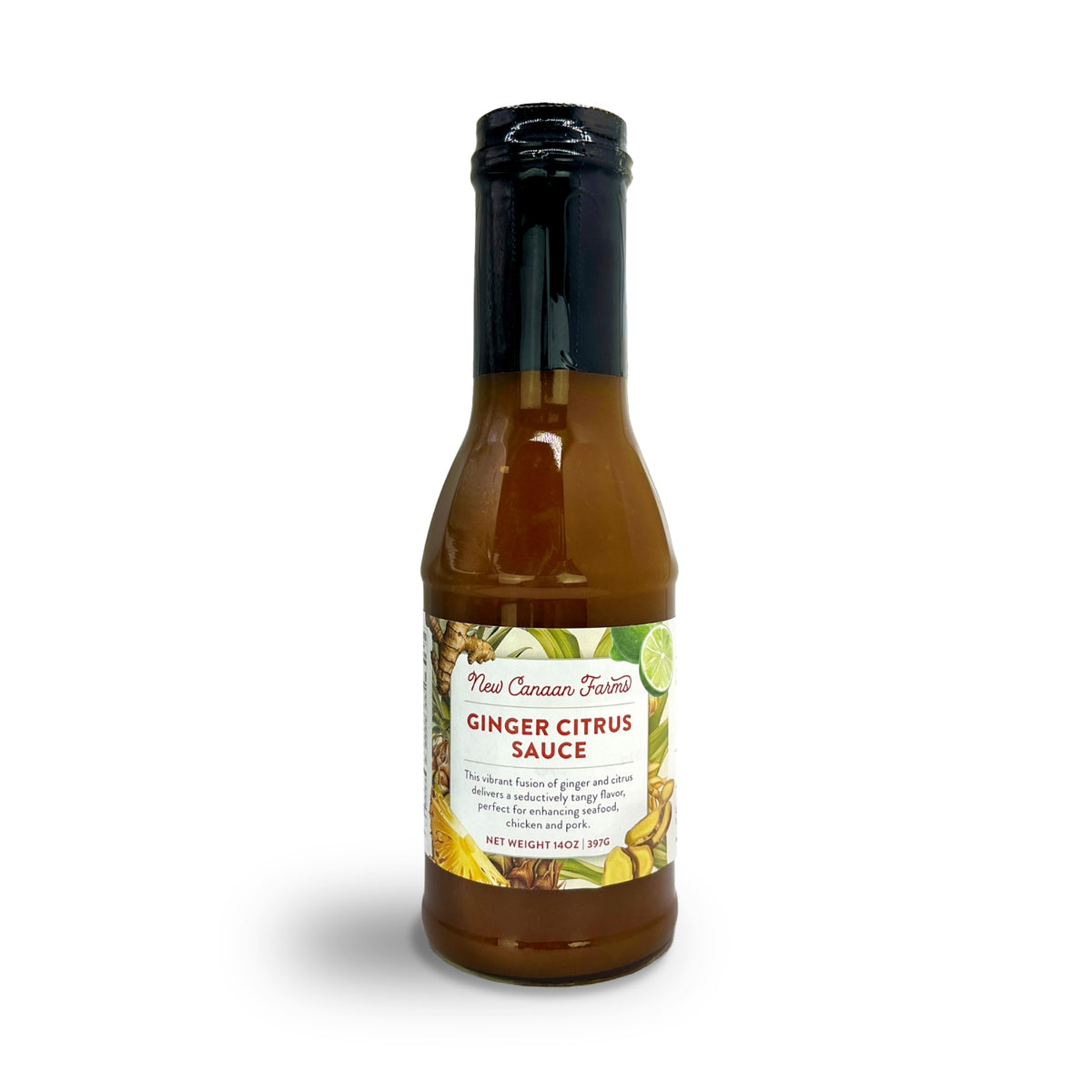 A bottle of New Canaan Farms Ginger Citrus Sauce with its label showing