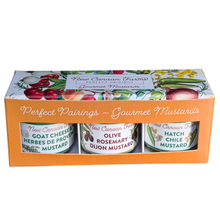 Three mustard jars in a decorative box with New Canaan Farms branding.