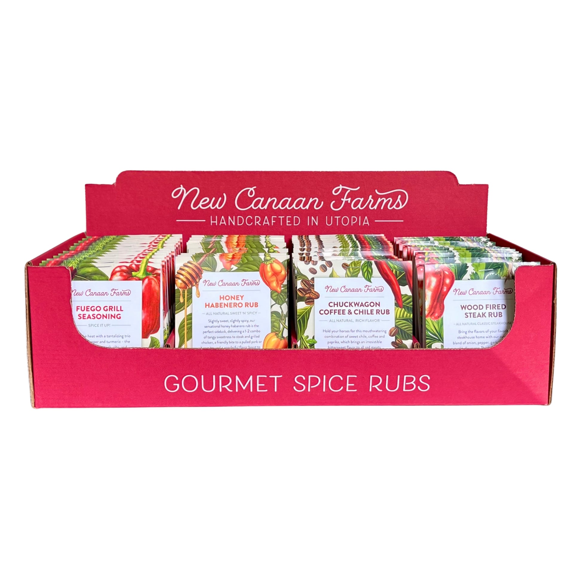 Display box of New Canaan Farms Gourmet Spice Rubs on a white background