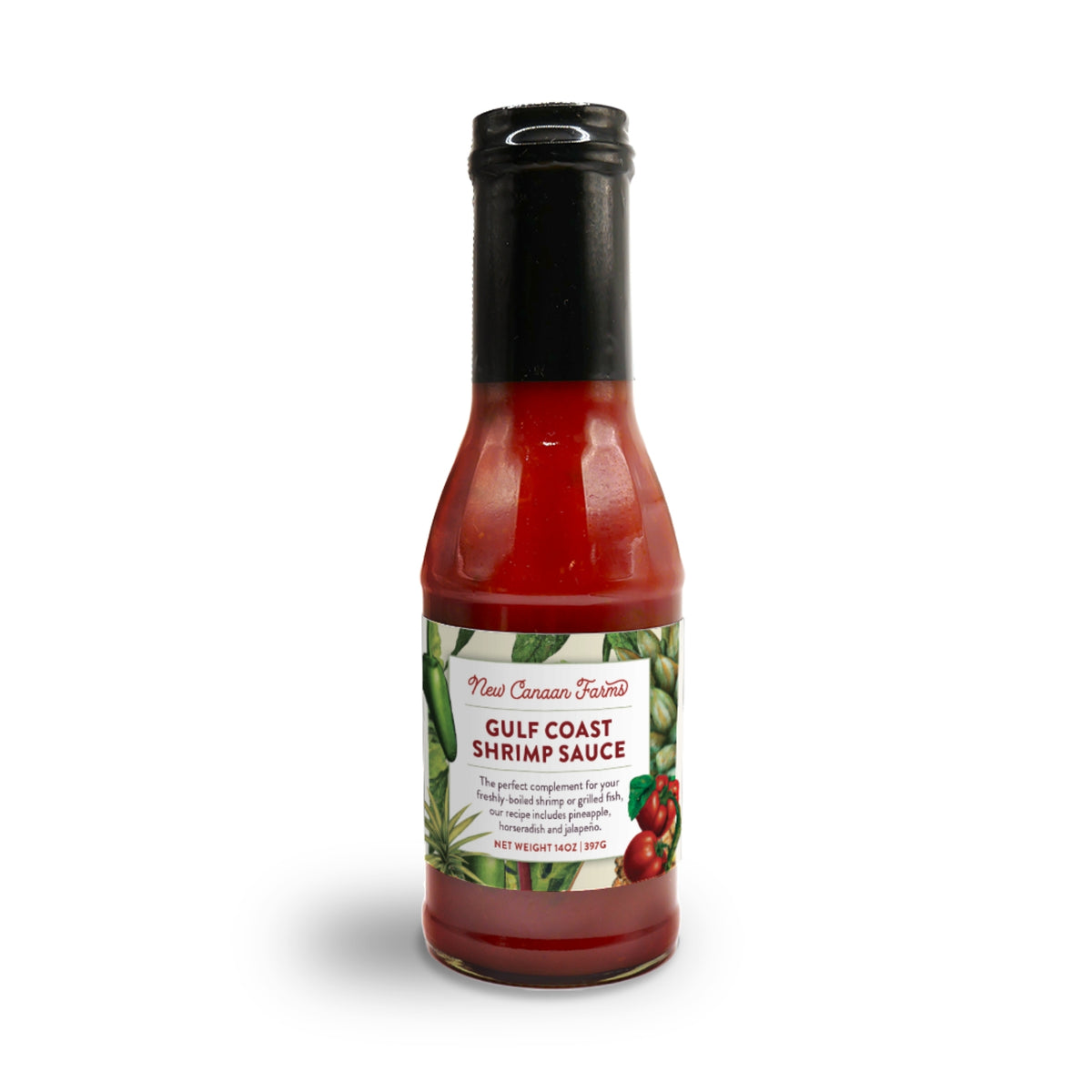 A bottle of New Canaan Farms Gulf Coast Shrimp Sauce with its label showing