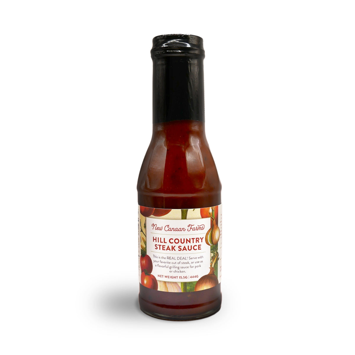 A bottle of New Canaan Farms Hill Country Steak Sauce with its label showing