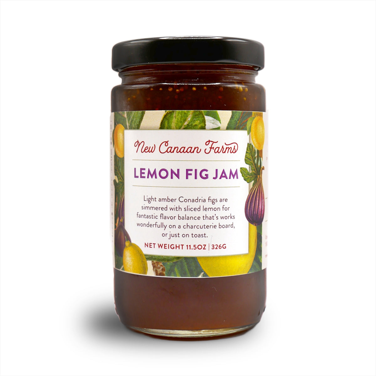 A jar of New Canaan Farms Lemon Fig Jam on a white background