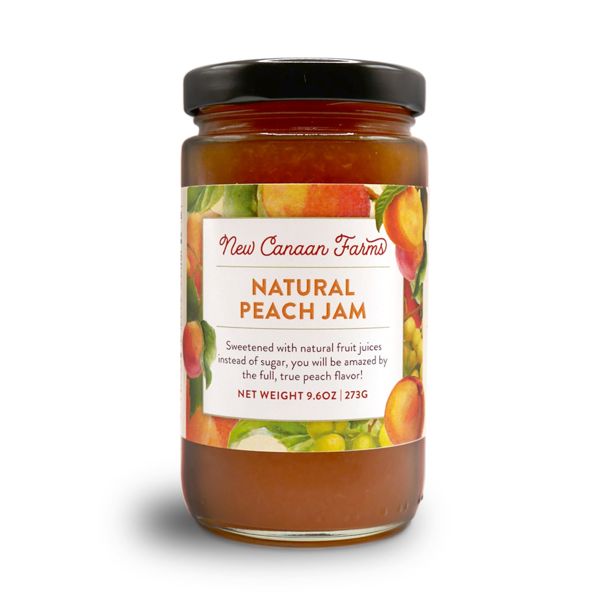 A jar of New Canaan Farms Natural Peach Jam on a white background