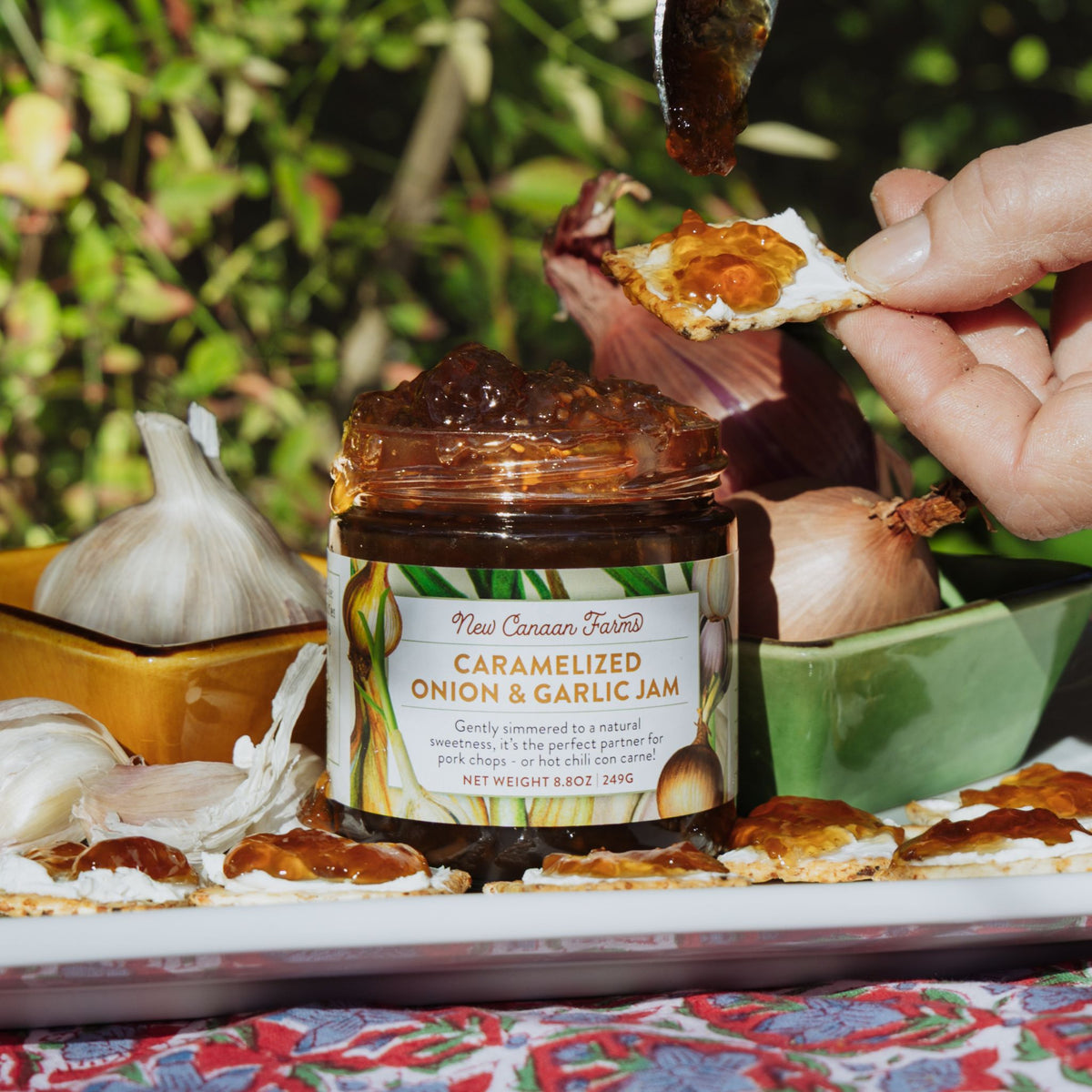 Caramelized onion and garlic jam being spread on a cracker with a person's hand, surrounded by onions and garlic.
