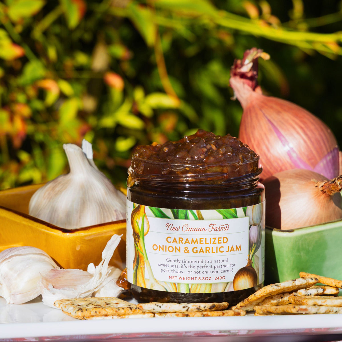 Jar of caramelized onion and garlic jam with ingredients like onions and garlic in the background.