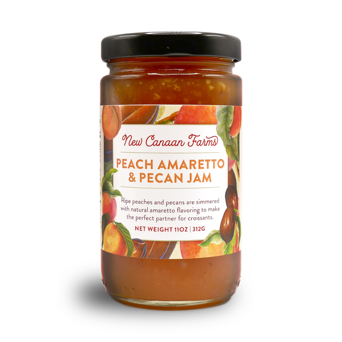 A jar of New Canaan Farms Peach Amaretto & Pecan Jam on a white background