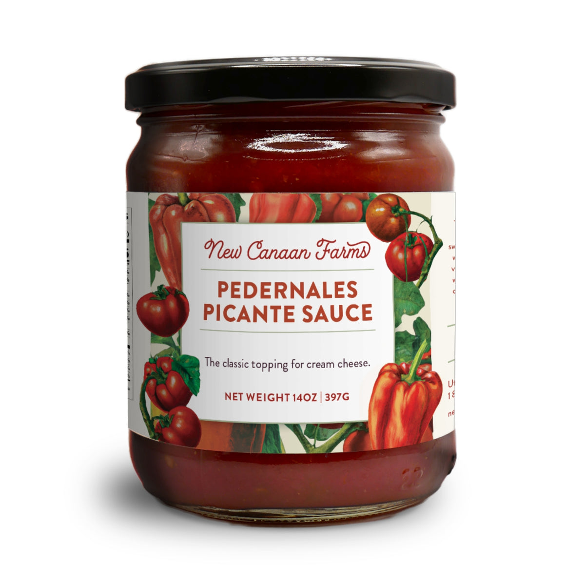 A jar of New Canaan Farms Pedernales Picante Sauce on a white background