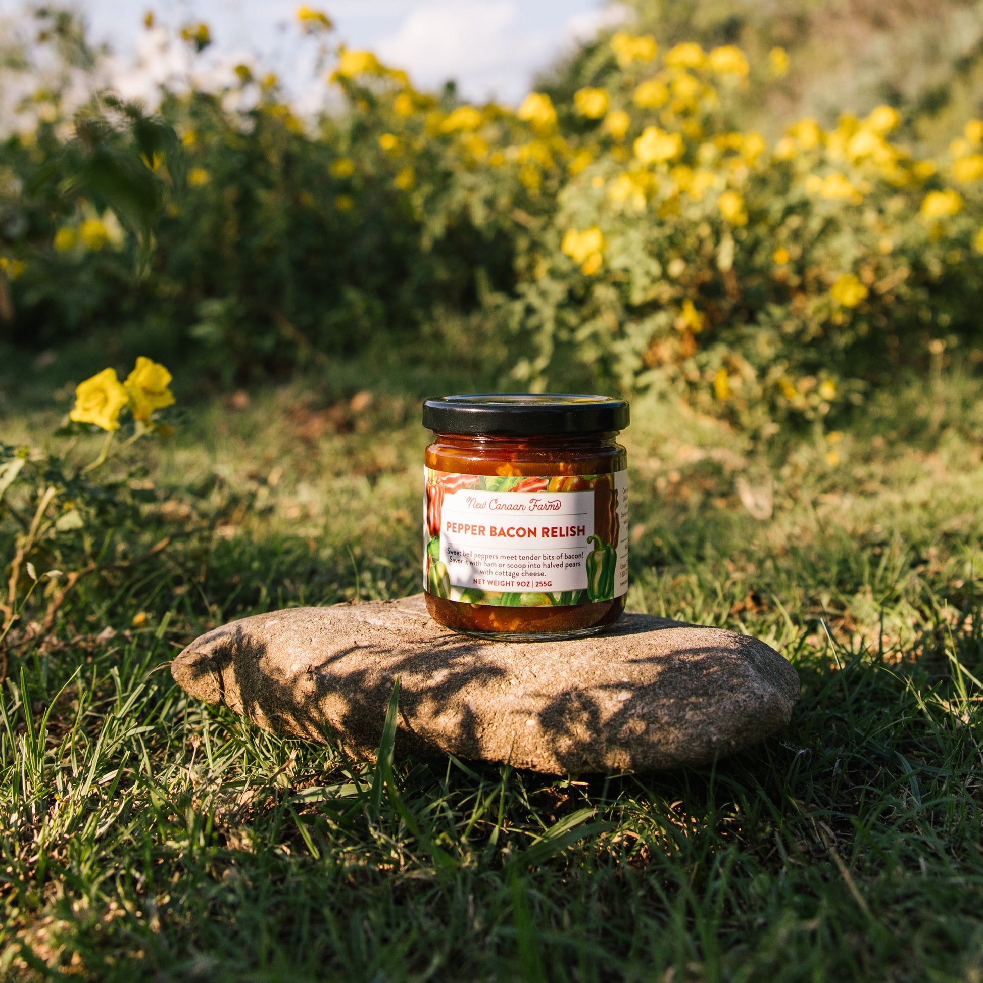 Jar of pepper bacon relish on a rock with a natural background of grass and yellow flowers