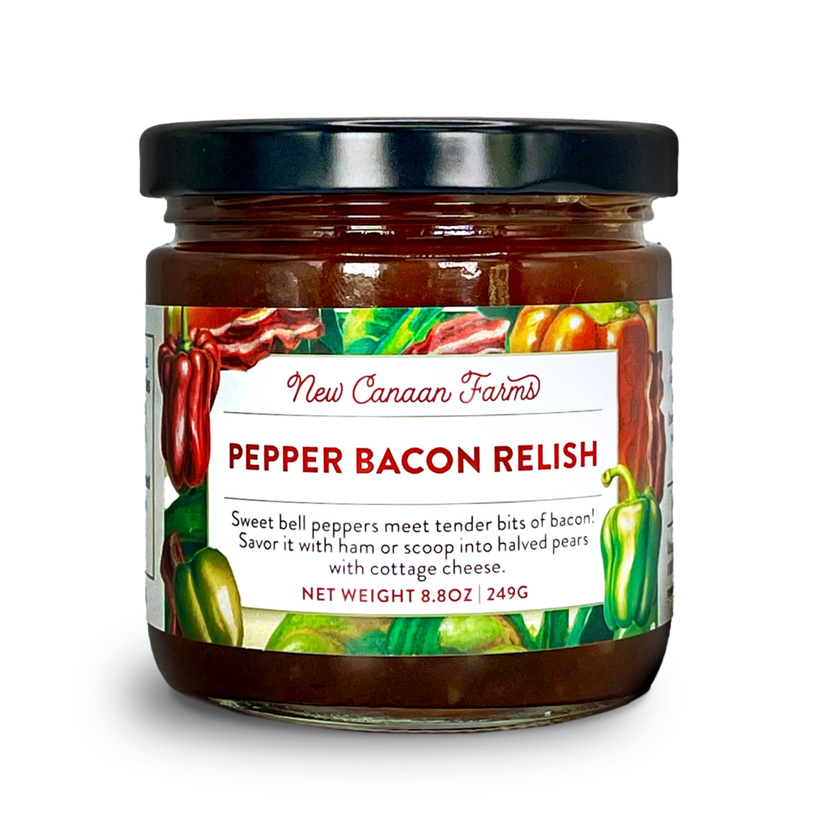 A jar of New Canaan Farms Pepper Bacon Relish with a pepper and bacon illustrated label