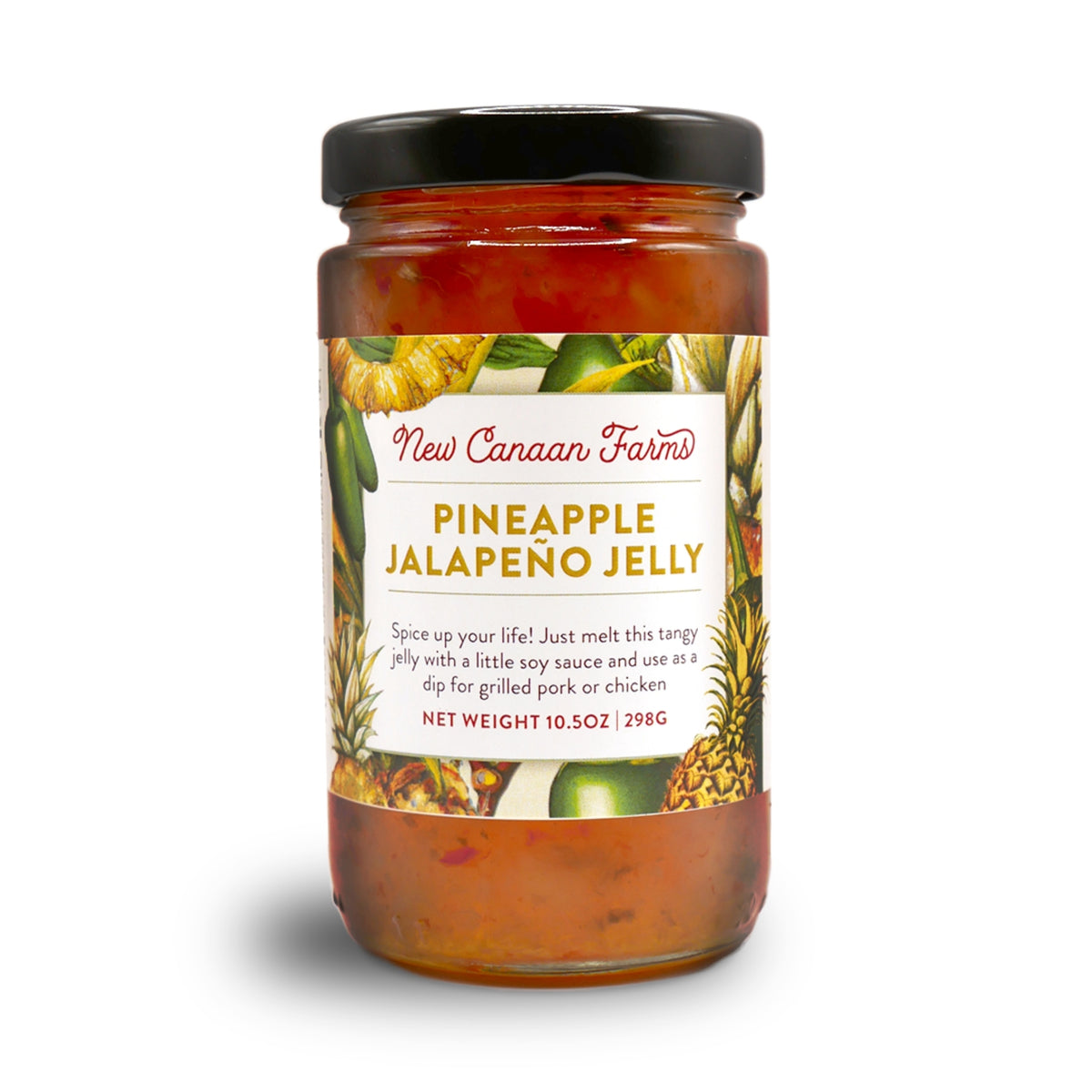 A jar of New Canaan Farms Pineapple Jalapeño Jelly on a white background