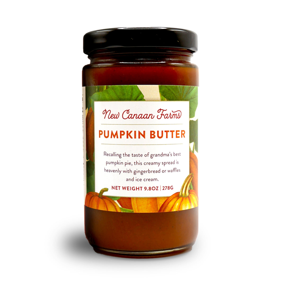 A jar of New Canaan Farms Pumpkin Butter on a white background