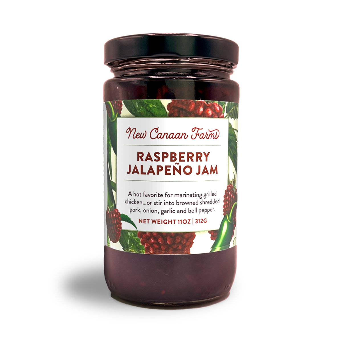 A jar of New Canaan Farms Raspberry Jalapeño Jam on a white background