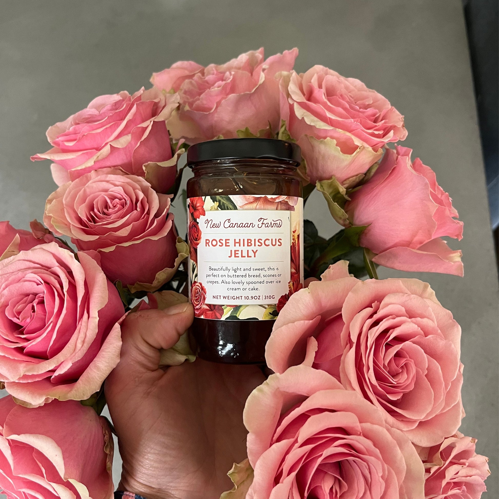 New Canaan Farms Rose Hibiscus Jelly With Rose Bouquet