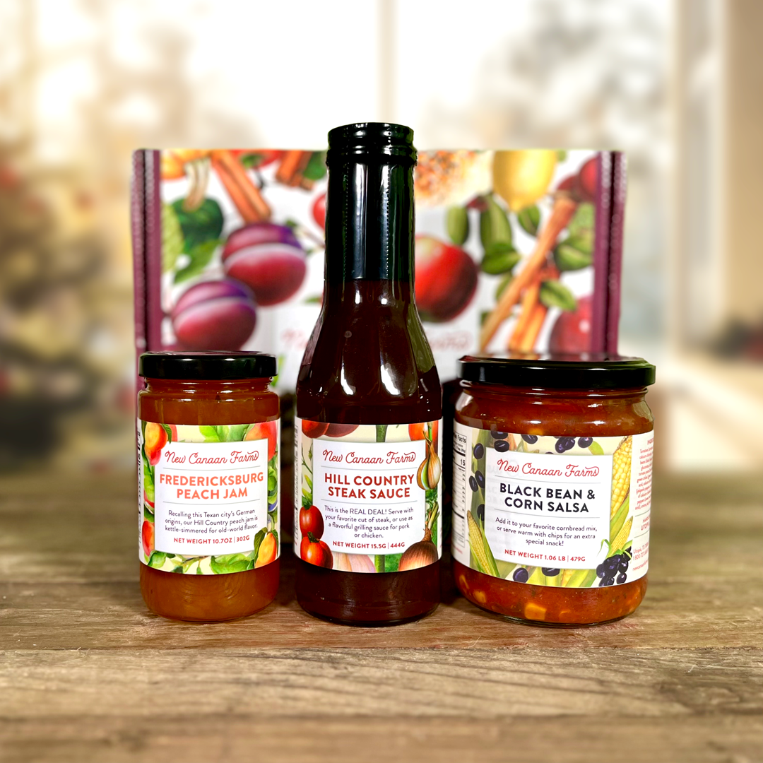 Seasonal box with jam, steak sauce, and salsa. 