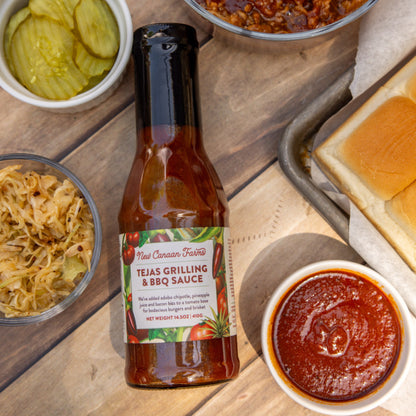 Bottle of Tejas Grilling & BBQ Sauce on a wooden table with sides and bread.
