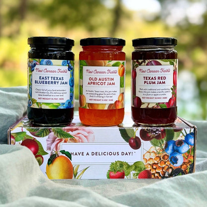 Three Texas-themed New Canaan Farms jams - East Texas Blueberry, Old Austin Apricot and Texas Red Plum - on top of a beautiful gift box and photographed outside