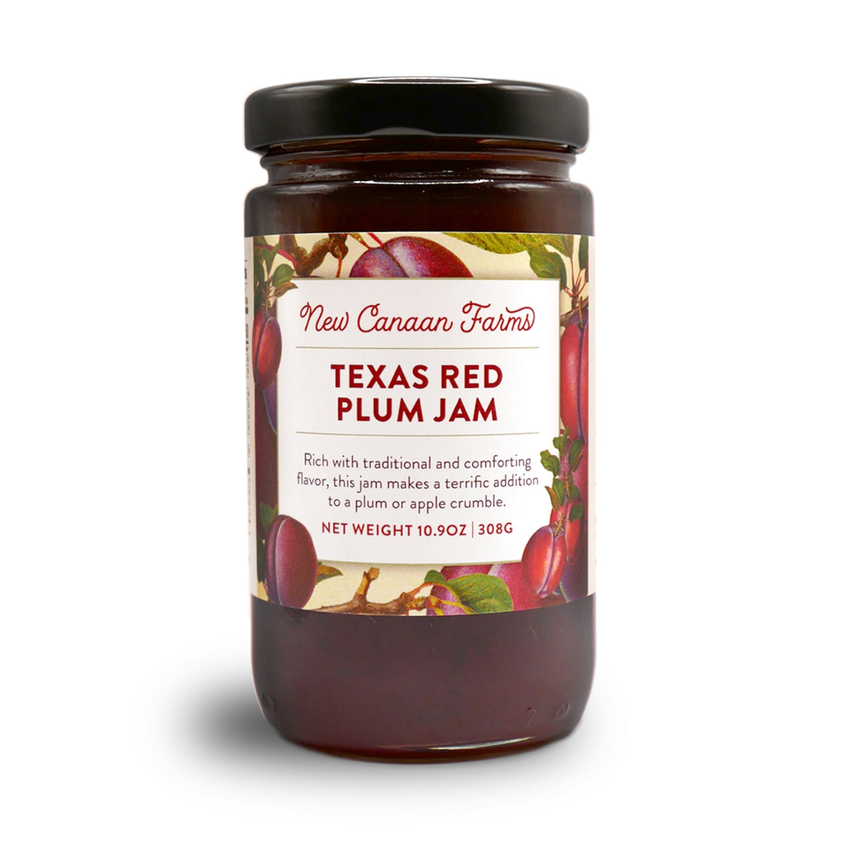 A jar of New Canaan Farms Texas Red Plum Jam on a white background