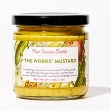 Jar of 'The Works' Mustard with New Canaan Farms label on a white background