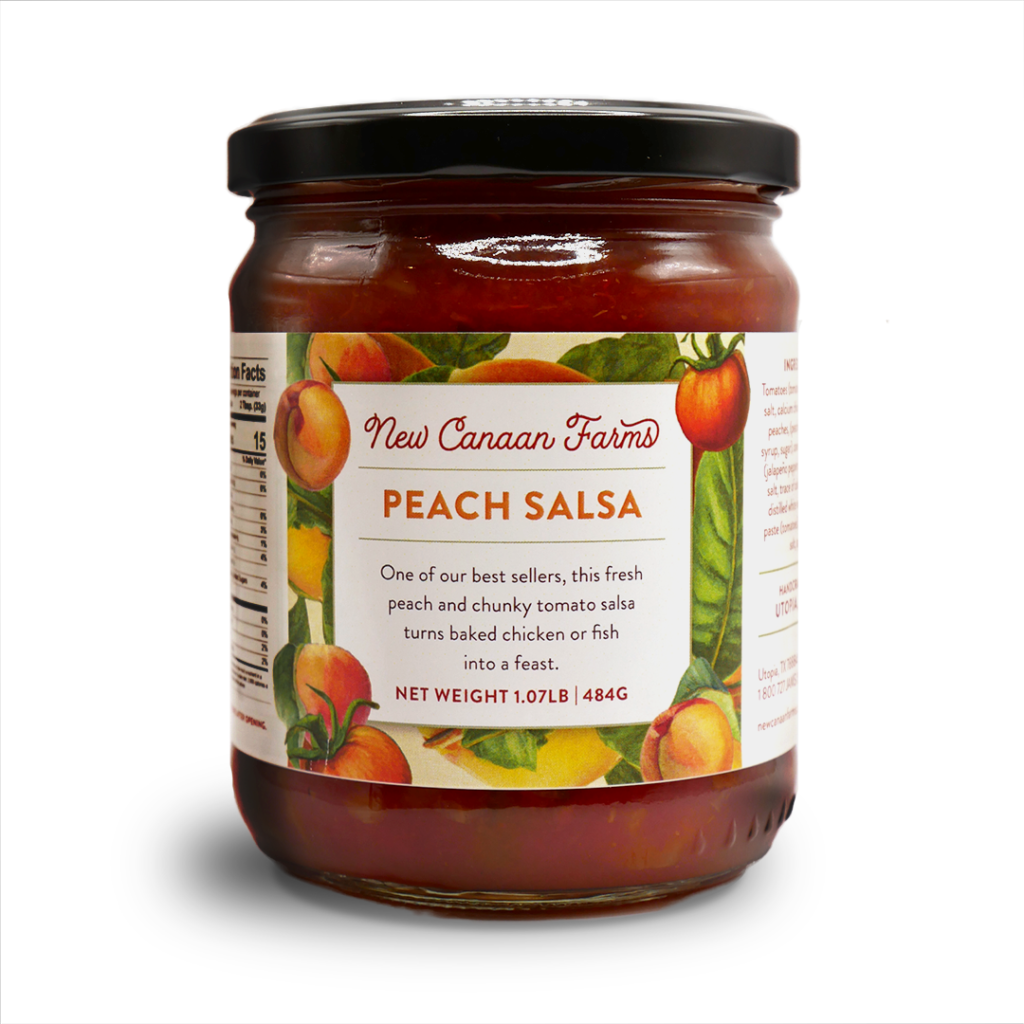 A jar of New Canaan Farms of Peach Salsa