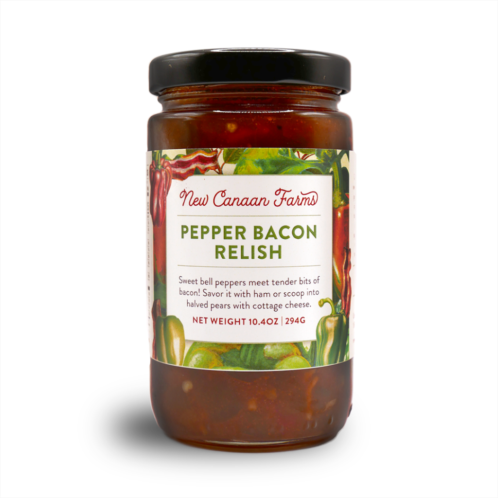 A jar of New Canaan Farms Pepper Bacon Relish