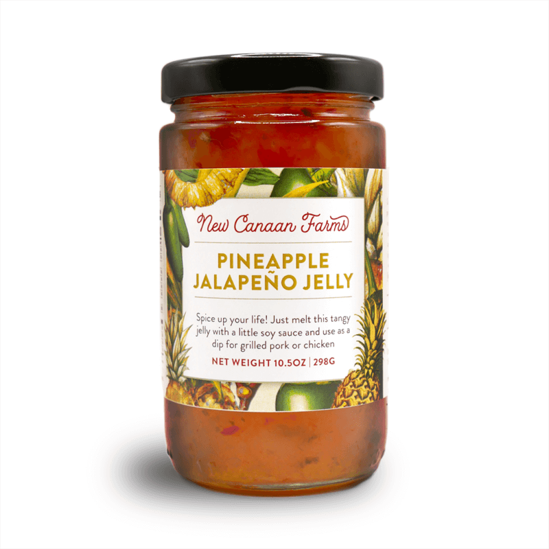 A jar of New Canaan Farms Pineapple Jalapeño Jelly