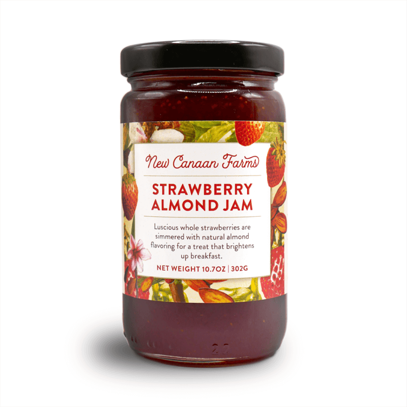 A jar of New Canaan Farms Strawberry Almond Jam
