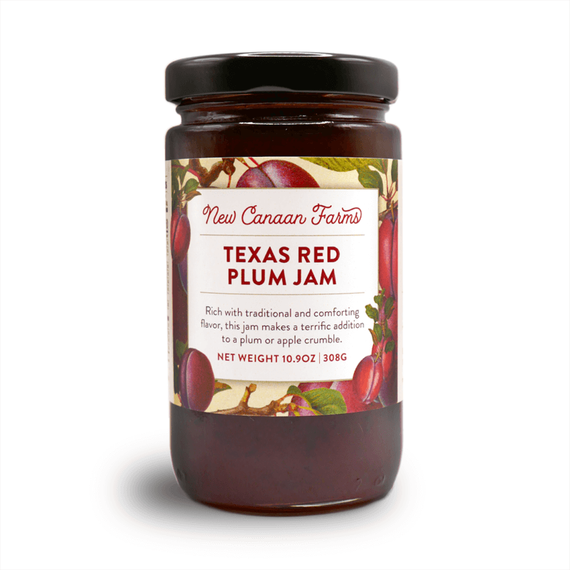 A jar of New Canaan Farms of Texas Red Plum Jam