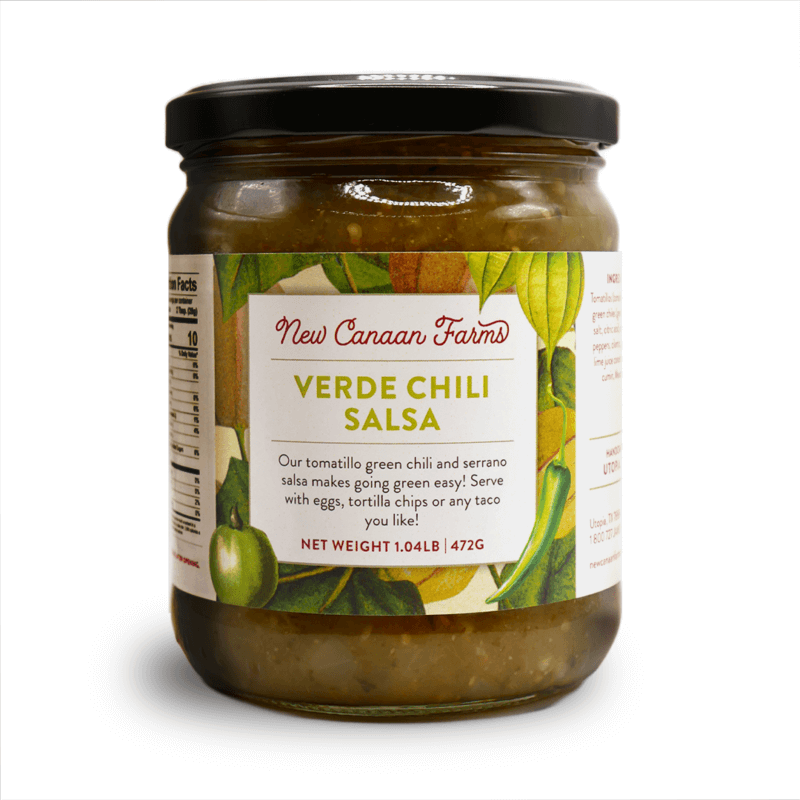 A jar of New Canaan Farms Verde Chili Salsa