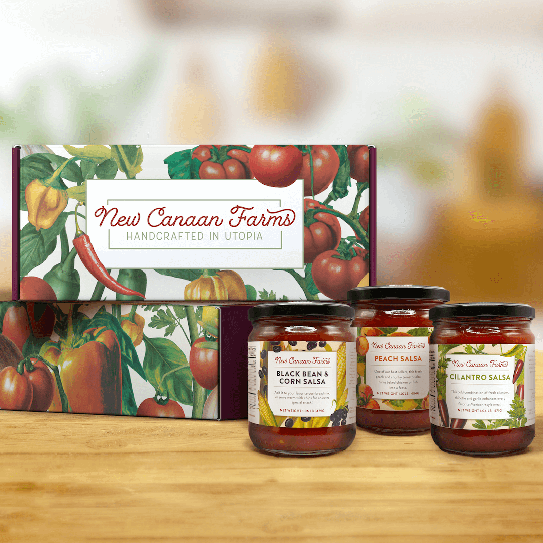 New Canaan Farms Three Jar Salsa Gift Box - decorated with stunning botanical vegetable