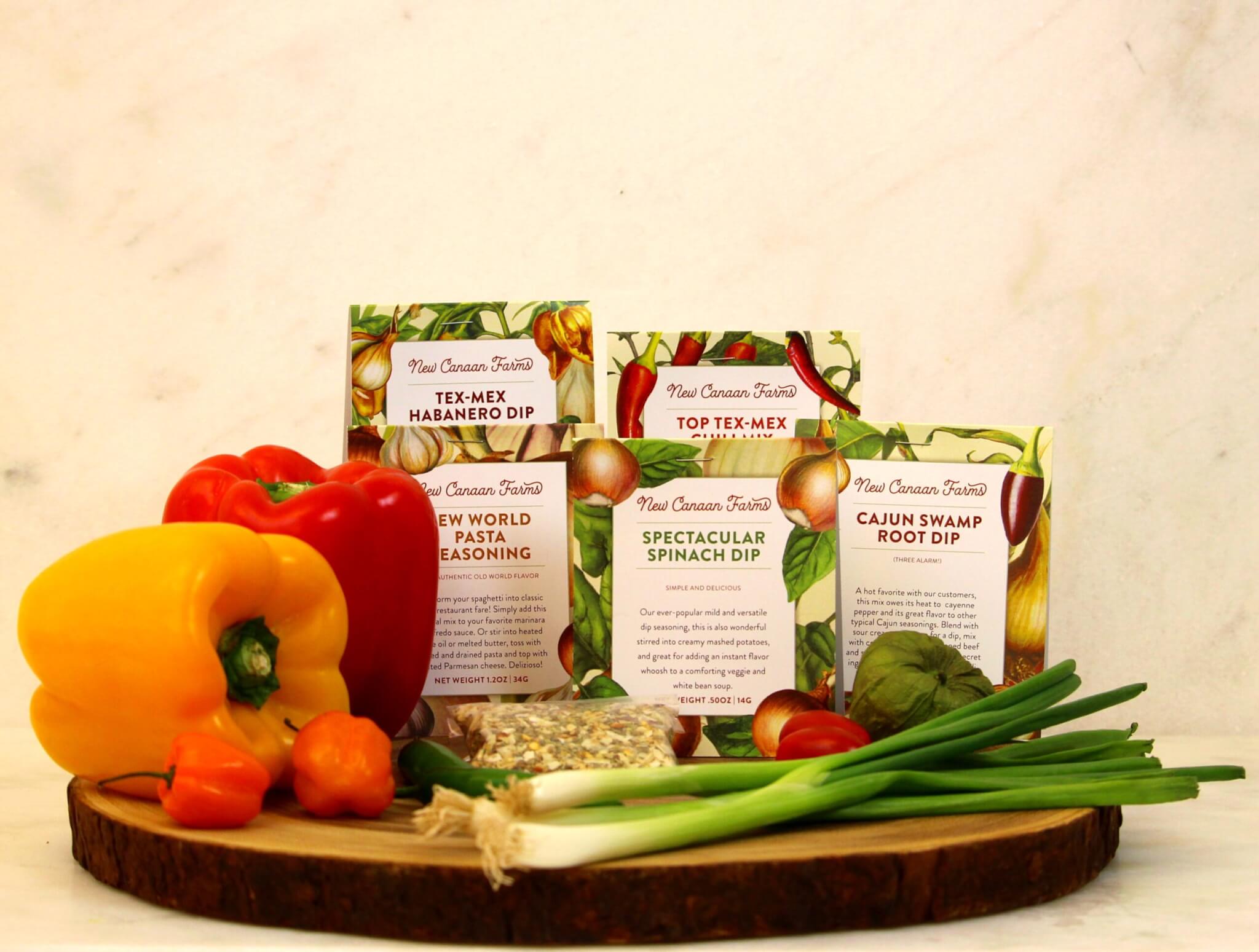 Five New Canaan Farms dip mixes, with newly designed product labels