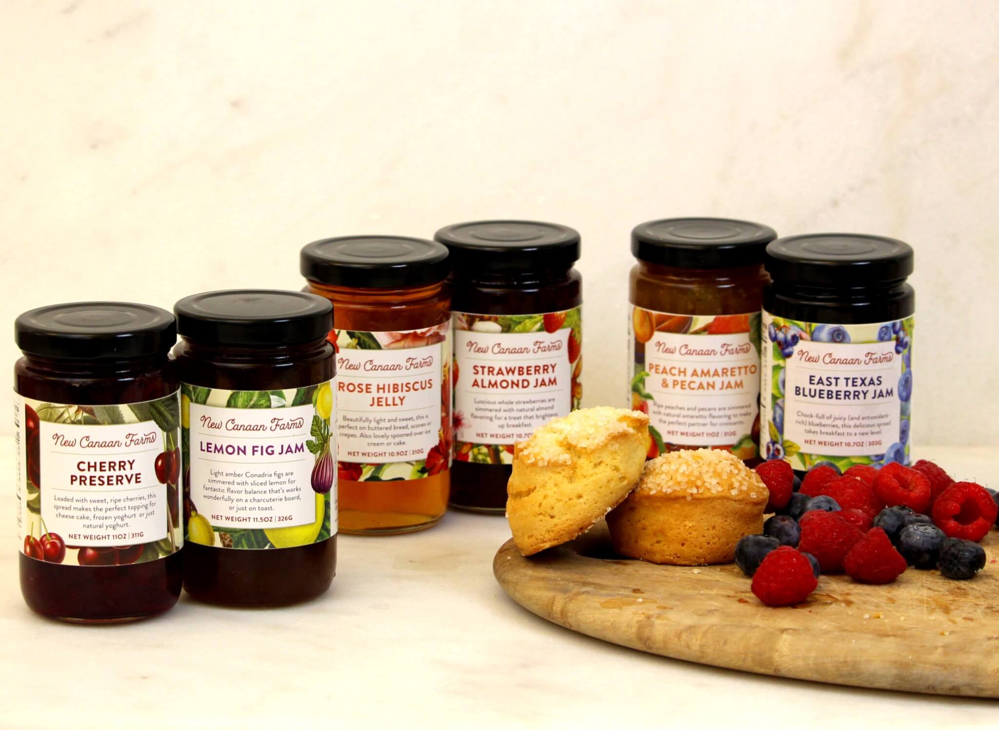 Six New Canaan Farms sweet jams with beautiful new product labels