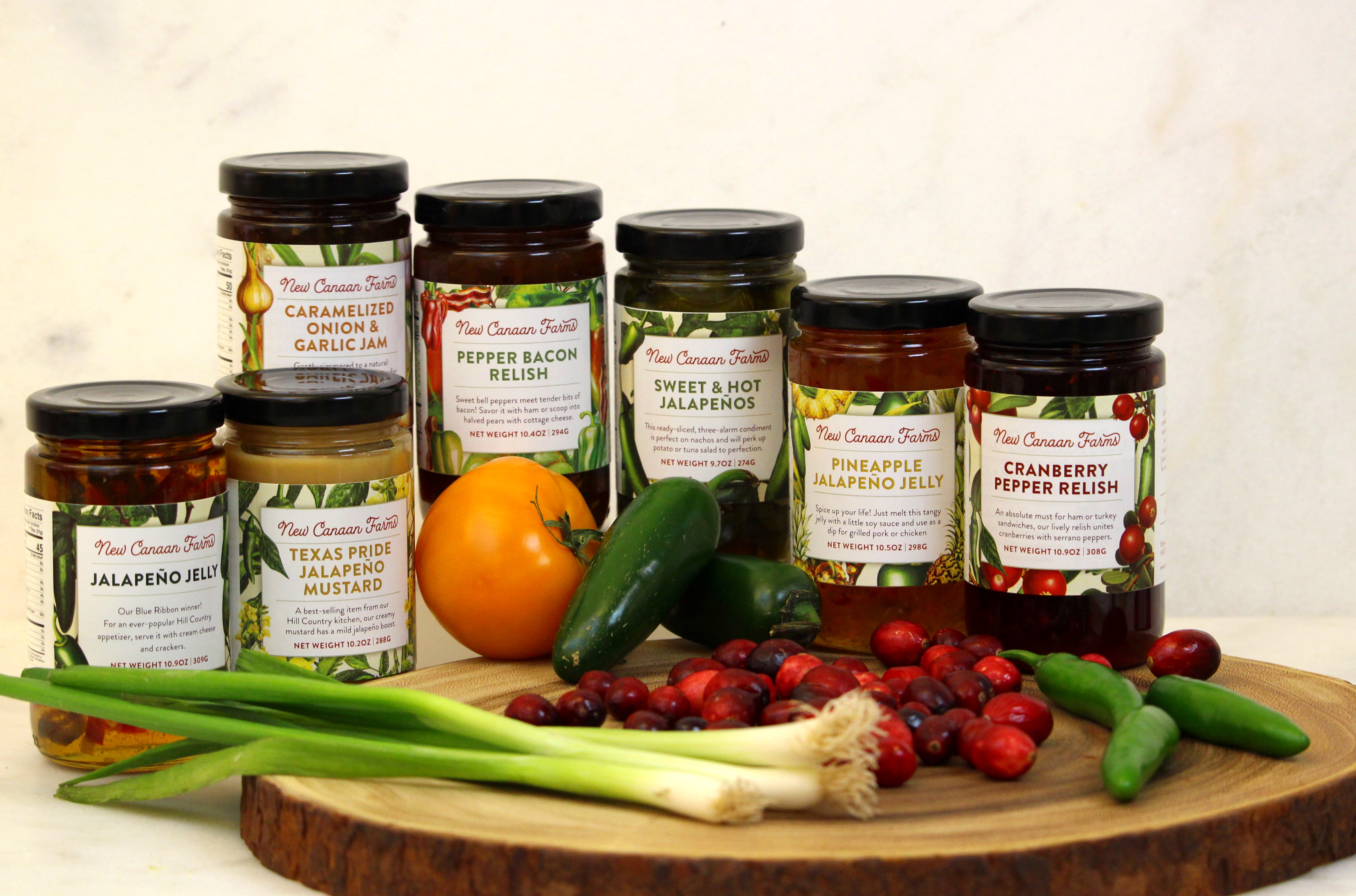 Seven New Canaan Farms savory jams and relishes with beautiful new product labels