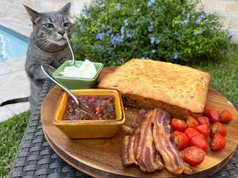 New Canaan Farms Pepper Bacon cornbread, with cooked bacon, cherry tomatoes and sour cream and a curious cat