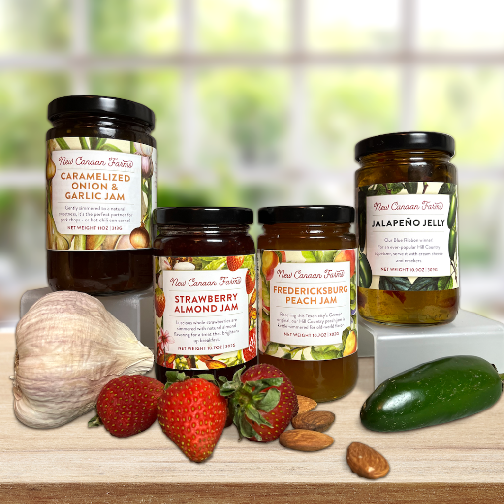 Four of New Canaan Farms bestselling sweet & savory jams - Fredericksberg Peach, Strawberry Almond, Jalapeño Jelly and Caramelized Onion and Garlic Jam
