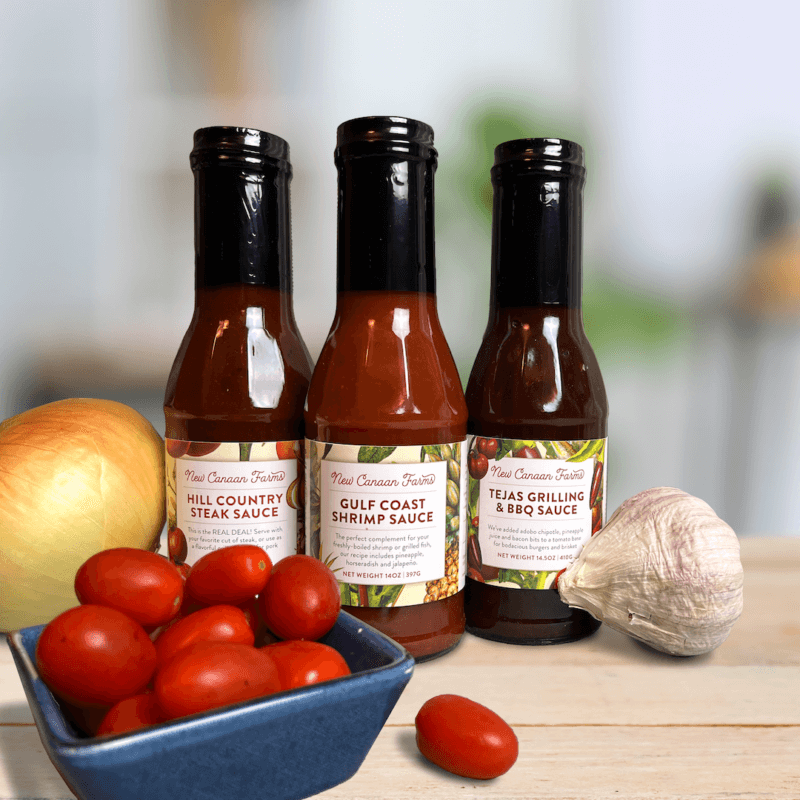 New Canaan Farms sauces with cherry tomatoes and onions