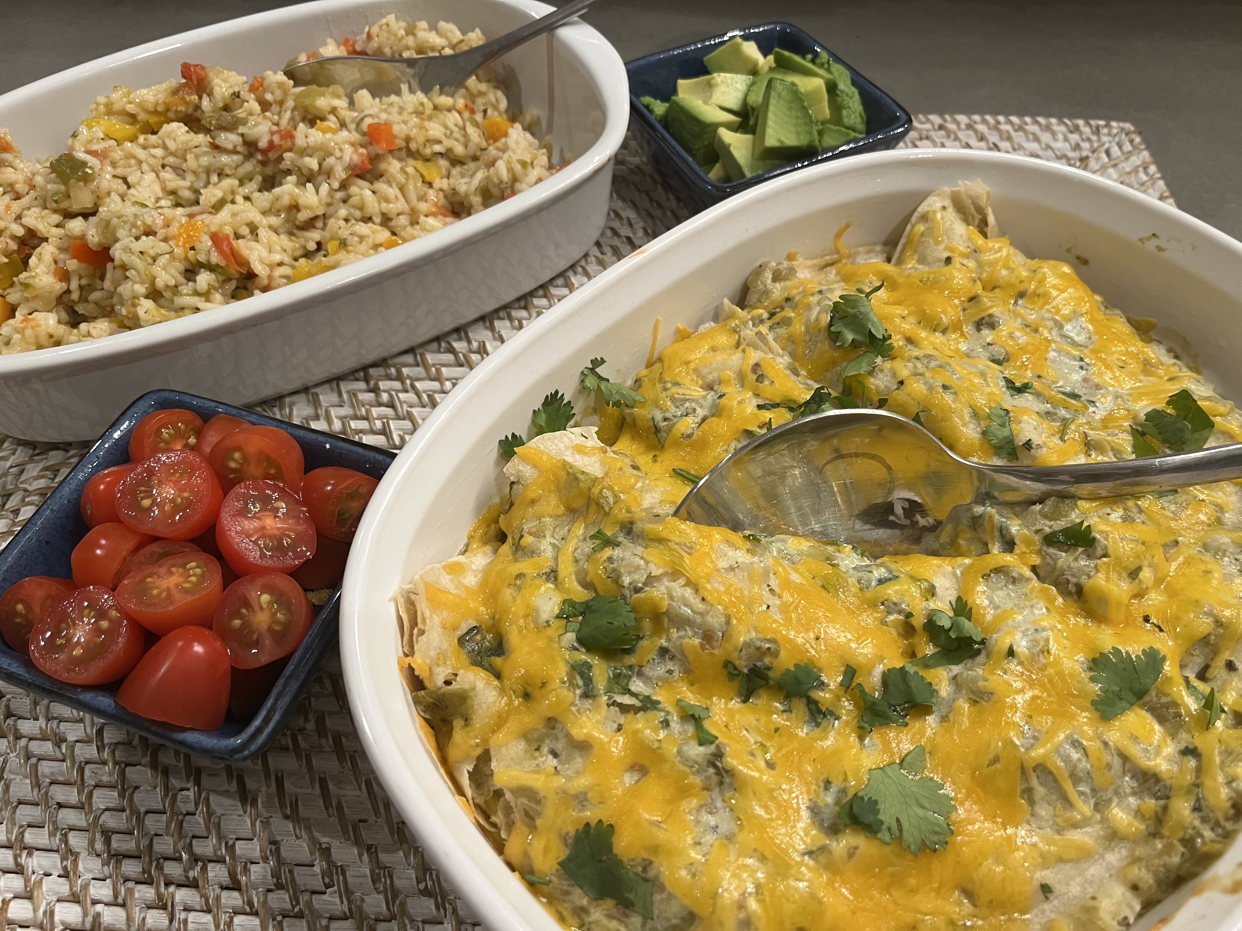 New Canaan Farms Verde Chili Salsa Chicken Enchiladas with Mexican Rice, tomatoes and avocados
