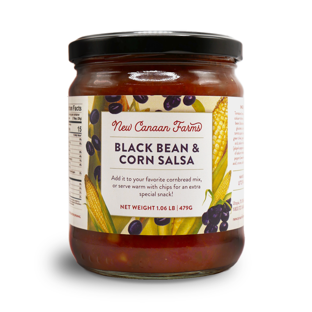 A jar of New Canaan Farms Black bean corn salsa