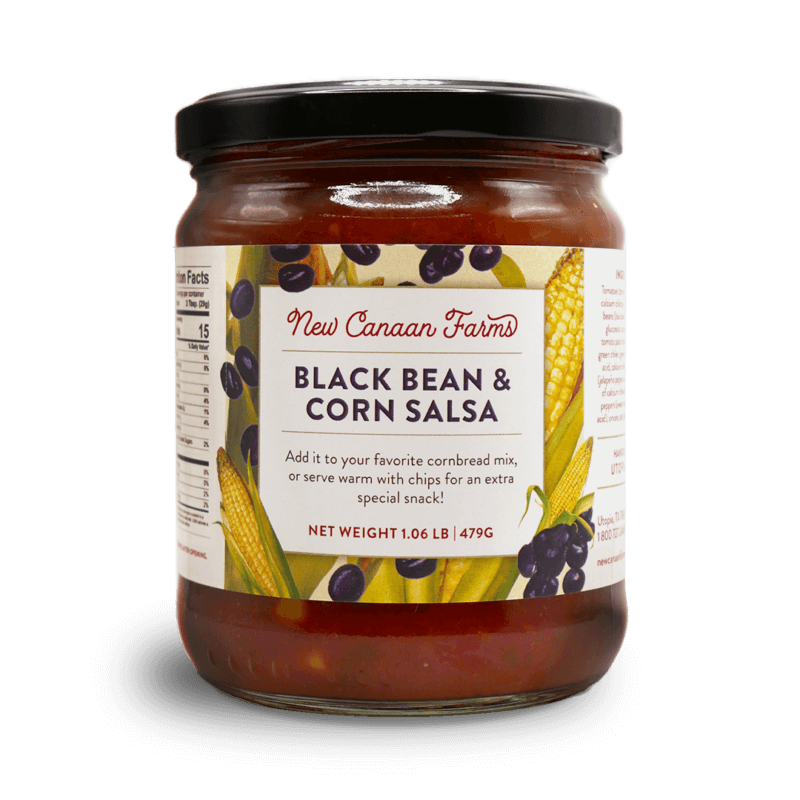 A jar of New Canaan Farms Black bean corn salsa